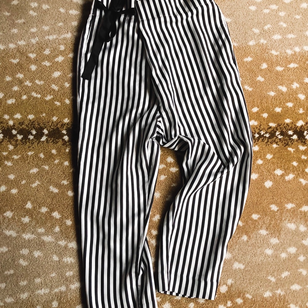 J Crew Silk Black/White Striped Cropped Pant
